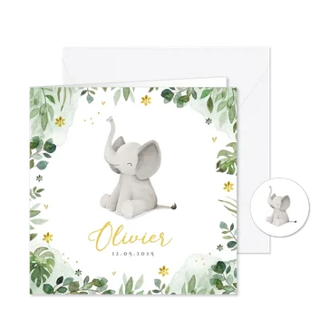 Geboortekaartje olifant jungle bloemen waterverf hartjes